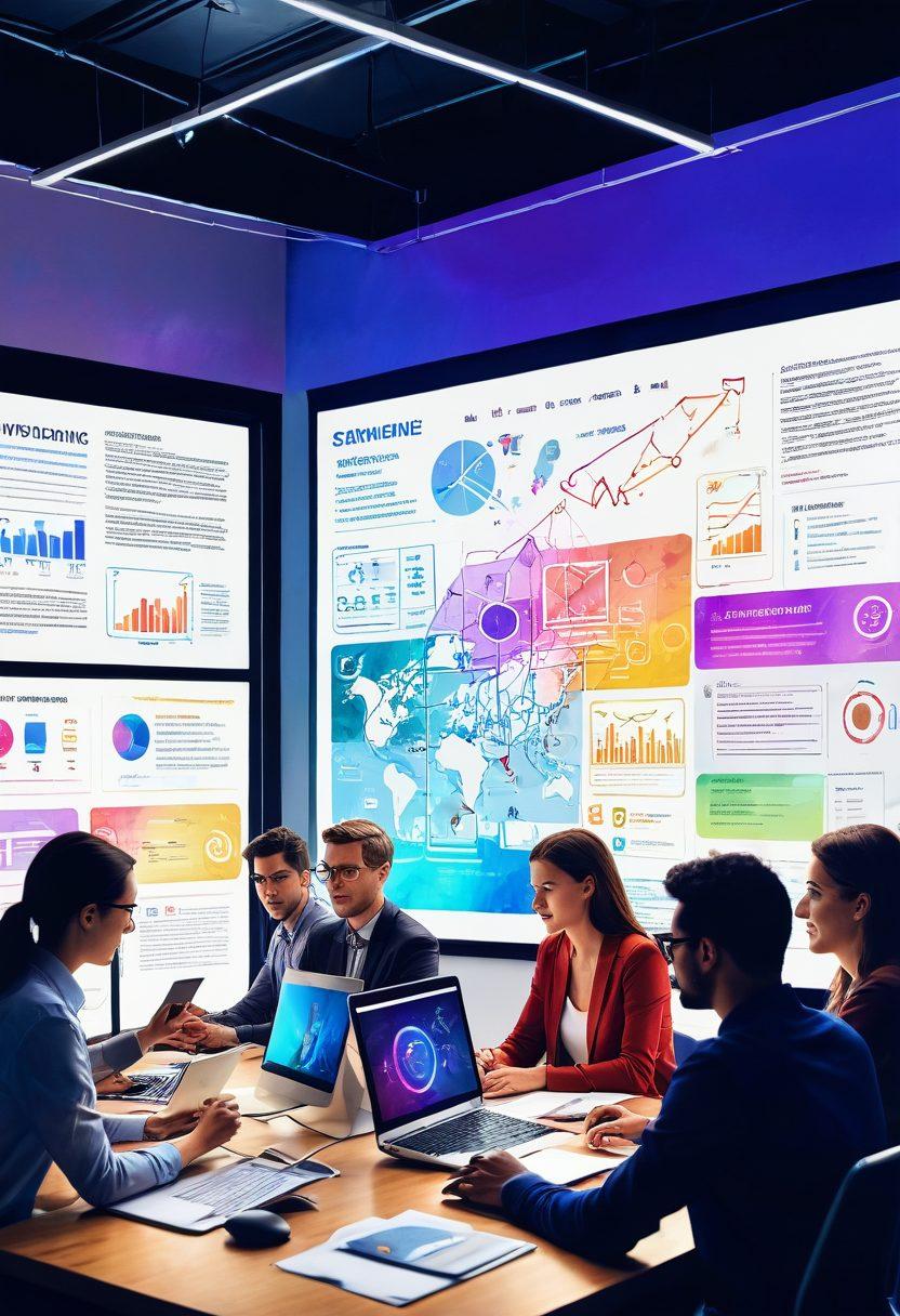 A vibrant digital workspace filled with diverse individuals collaborating around a large screen showcasing a colorful web journal interface. Engaging elements like charts, graphs, and community comments float in the air, symbolizing active discussions. Warm lighting illuminates the scene, creating an inviting atmosphere. The backdrop features elements of the internet, like icons and social media symbols, to emphasize connectivity. watercolor painting. bright colors. modern art style.