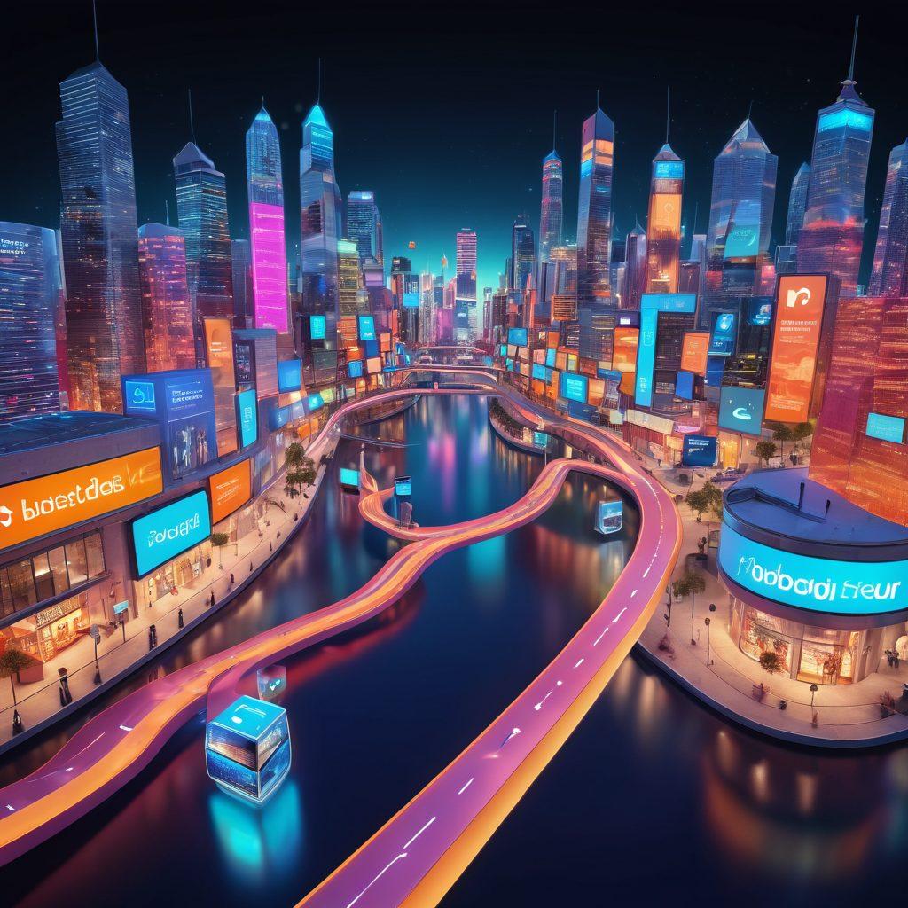 A digital landscape symbolizing the blogosphere, with a winding path made of glowing blog posts and articles leading to a futuristic city made of screens displaying diverse content strategies. Include floating icons representing social media and engagement tools, surrounded by vibrant colors and modern technology elements. The atmosphere should convey innovation and connectivity. holographic style. vibrant colors. 3D.