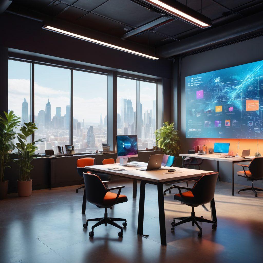 A futuristic workspace filled with advanced technology and holograms showcasing innovative blogging tools, a diverse group of creators brainstorming content ideas, vibrant digital screens displaying analytics and trends, bright colors illuminating the room, a sunny backdrop through large windows. super-realistic. vibrant colors. 3D.